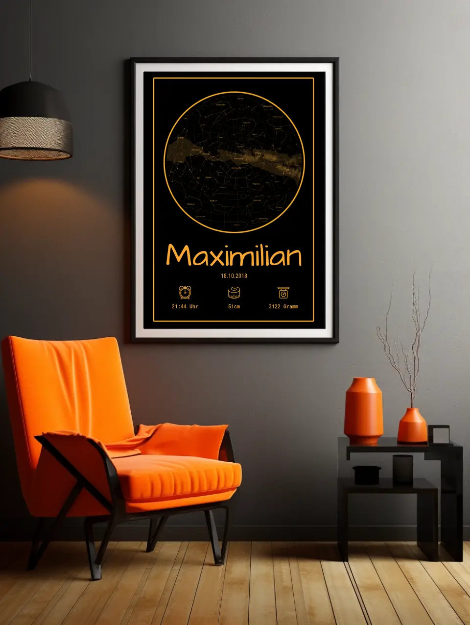 Personalisiertes Poster mit Sternenbild zur Geburtsstunde im perfekten orangen ambiente als Produkt Vorschau