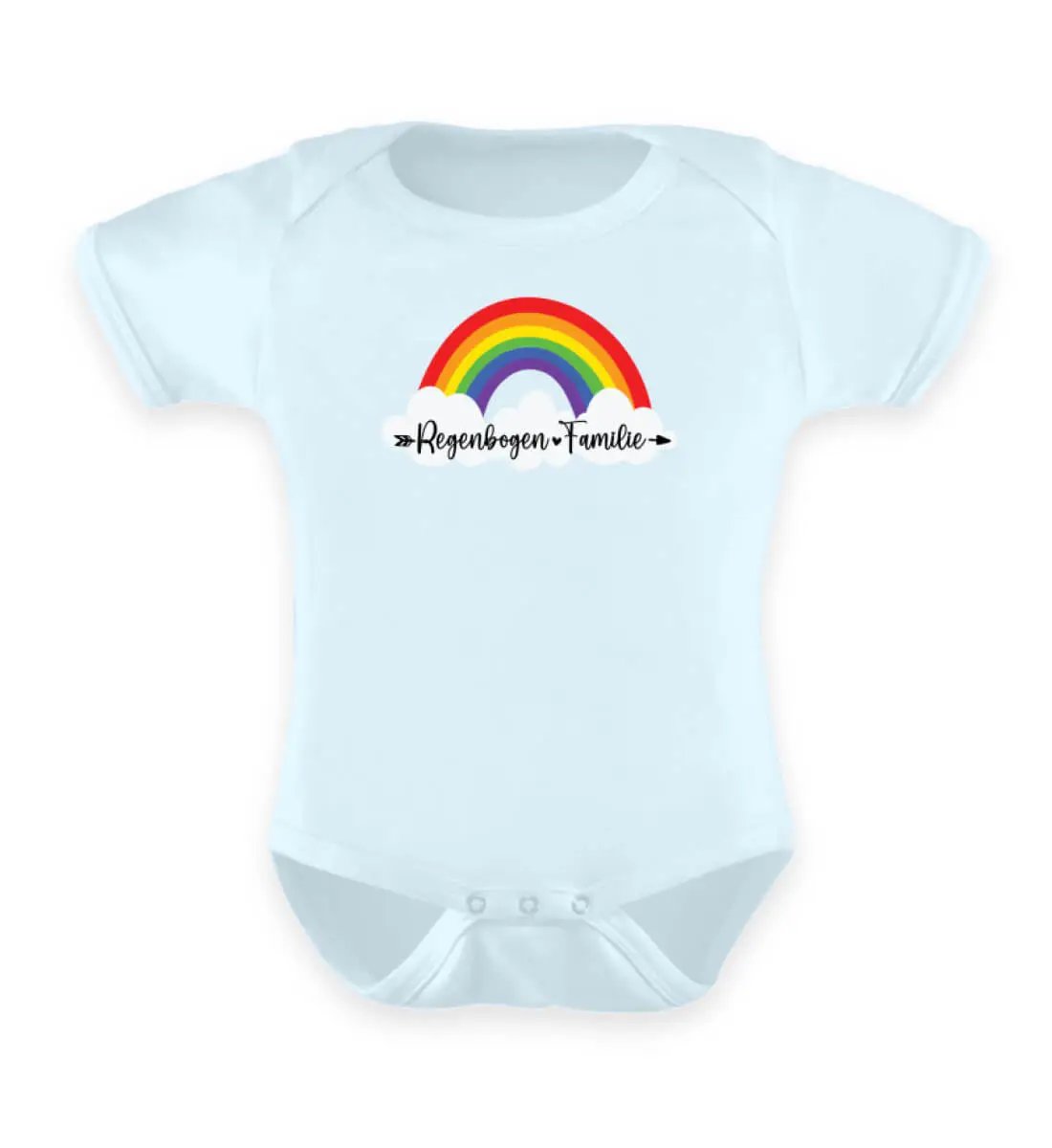 Dieses Bild zeigt einen hellblauen Baby Body mit einem Regenbogen-Motiv wo drauf steht Regenbogen-Familie