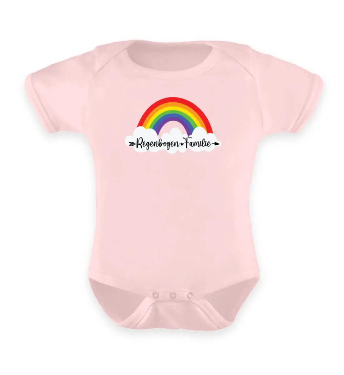 Dieses Bild zeigt einen rosa Baby Body mit einem Regenbogen-Motiv wo drauf steht Regenbogen-Familie