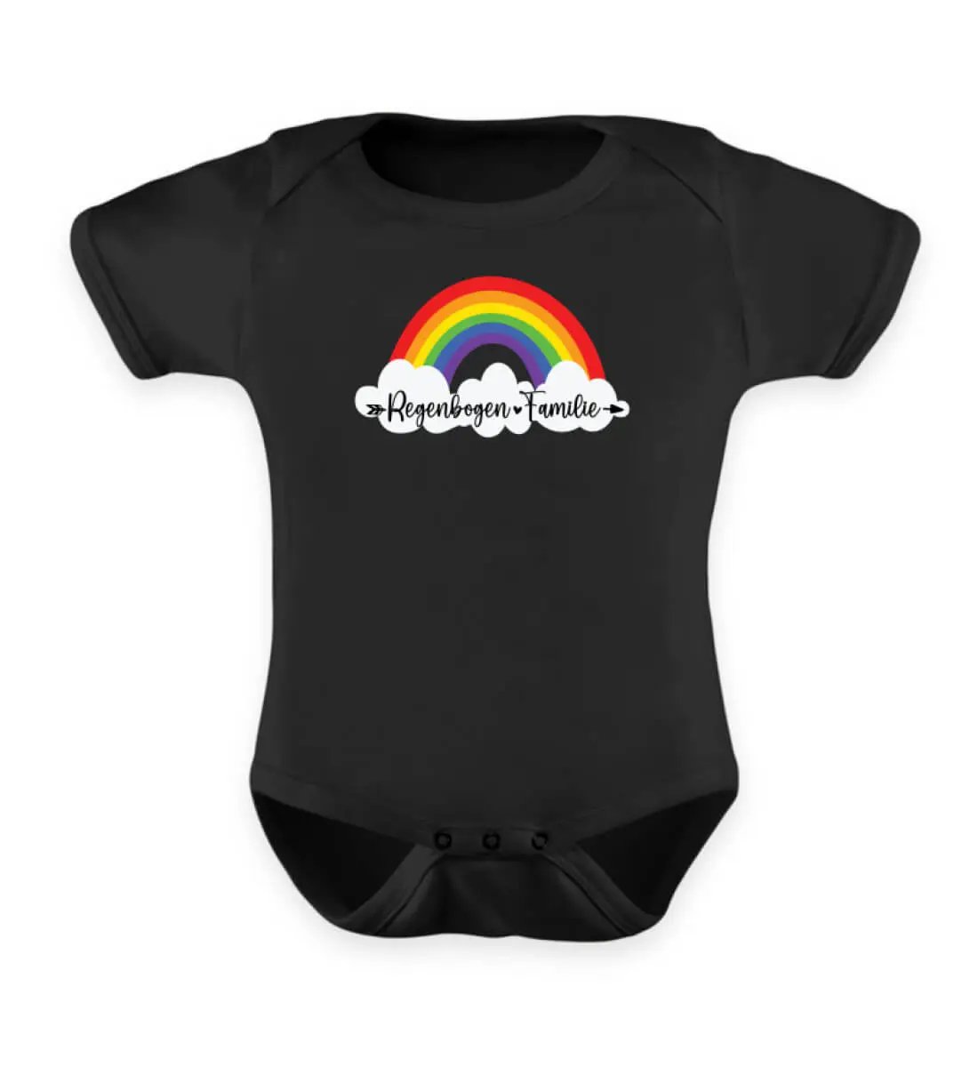 Dieses Bild zeigt einen schwarzen Baby Body mit einem Regenbogen Motiv wo drauf steht Regenbogen Familie