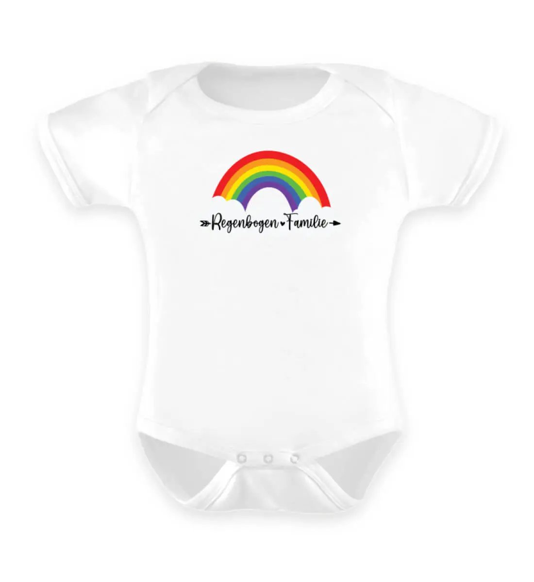 Dieses Bild zeigt einen weißen Baby Body mit einem Regenbogen wo drauf steht Regenbogen-Familie