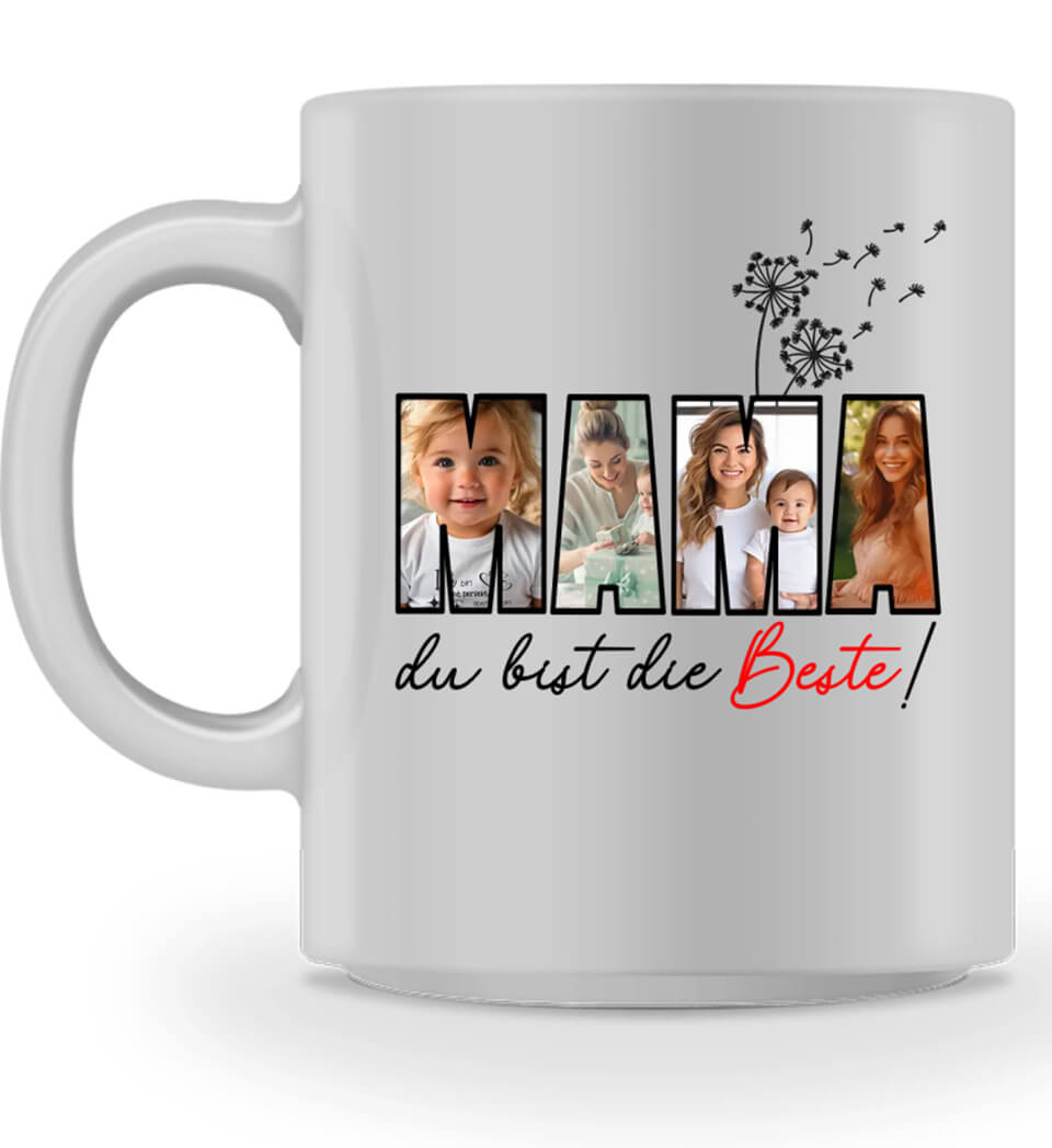 Fototasse mit vier persönlichen Fotos und Spruch, MAMA du bist die beste!
