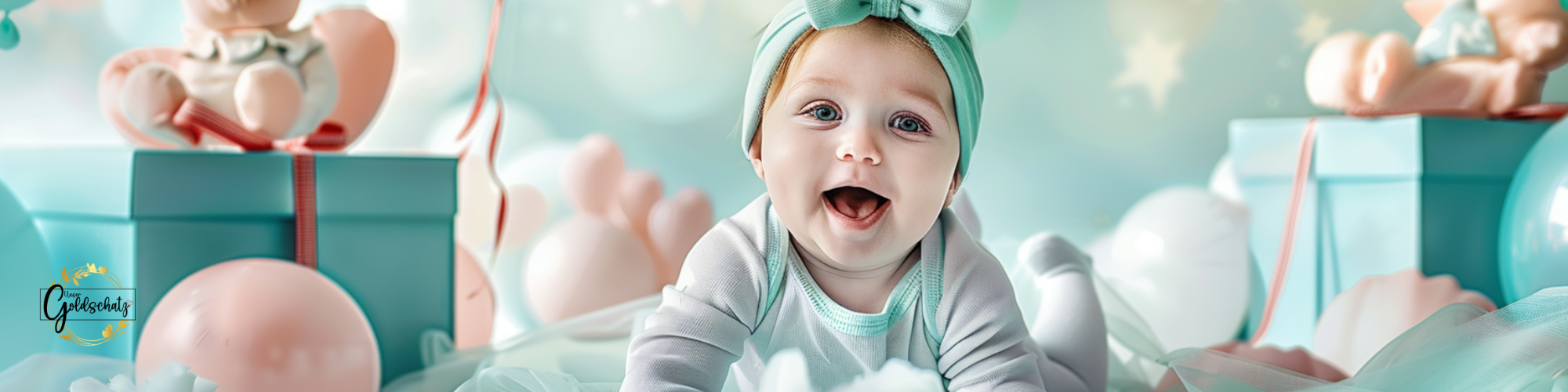 Ein fröhliches Baby in einem blau-weißen Kleid mit blauer Mütze. Nachhaltige, bio-zertifizierte Baumwolle für personalisierte Geschenke bei UnserGoldschatz.de.