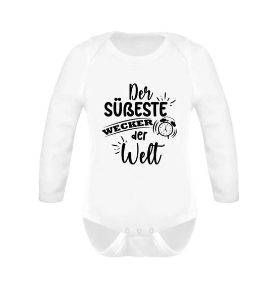Der süßeste Wecker der Welt Baby Body Langarm - Der süßeste Wecker der Welt Baby Body Langarm - Fair Trade Kleidung, nachhaltige Mode für Babys in weiß